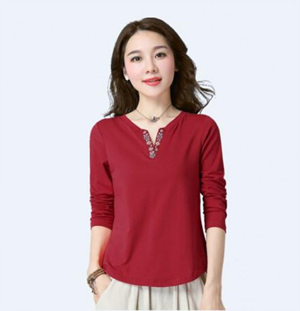 [해외] HOT신상 봄 여성 꽃자수 브이넥 티셔츠 캐주얼티셔츠 민족풍 티셔츠