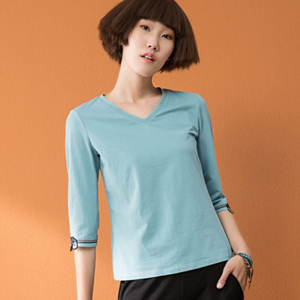 [해외] HOT신상 봄 여성 복고 티셔츠 브이넥 7부소매 캐주얼티셔츠