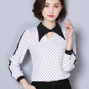 [해외] HOT신상 봄 여성 땡땡이 쉬폰 티셔츠 브이넥 캐주얼티셔츠