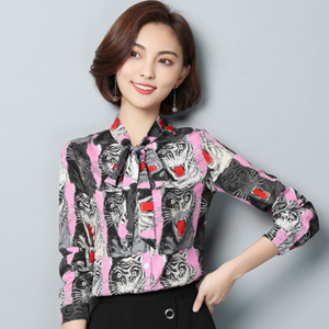 [해외] HOT신상 봄 여성 프린트 쉬폰 티셔츠 리본 캐주얼티셔츠