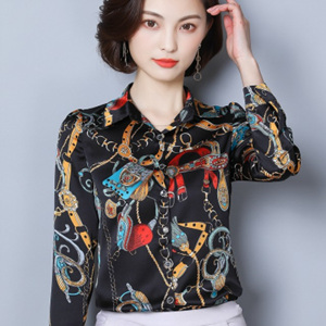 [해외] HOT신상 봄 여성 빅사이즈 쉬폰 티셔츠 스탠칼라 프린트 캐주얼티셔츠
