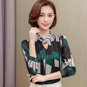 [해외] HOT신상 봄 여성 브이넥 쉬폰 캐주얼티셔츠 배색 블라우스