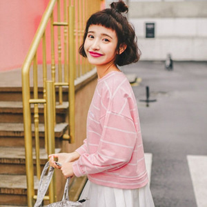 [해외] HOT신상 봄 여성 핑크 스트라이프 캐주얼티셔츠 루즈핏 티셔츠