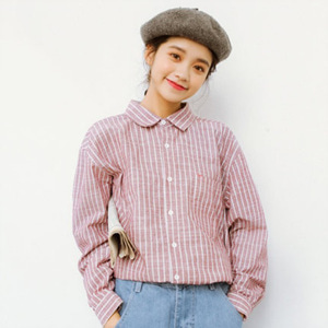 [해외] HOT신상 봄 여성 순색 핑크 스트라이프 캐주얼티셔츠 루즈핏 티셔츠