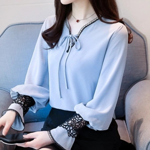 [해외] HOT신상 여성 쉬폰 브이넥 캐주얼티셔츠 나팔소매 티셔츠