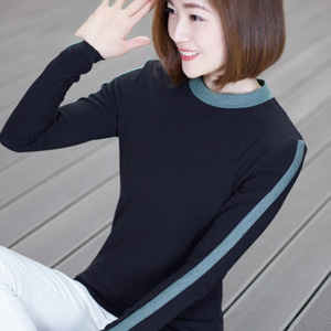 [해외] HOT신상 봄 여성 라운드넥 니트 캐주얼티셔츠 배색 티셔츠