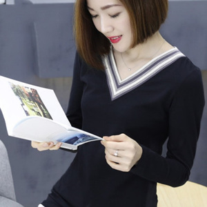 [해외] HOT신상 봄 여성 브이넥 니트 캐주얼티셔츠 배색 티셔츠