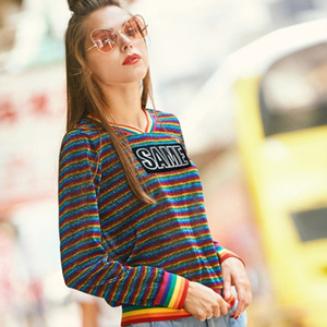 [해외] HOT신상 봄 여성 브이넥 캐주얼티셔츠 채색 스트라이프 티셔츠