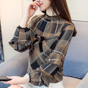 [해외] HOT신상 봄 여성 복고 체크무늬 쉬폰 티셔츠 벌룬소매 캐주얼티셔츠