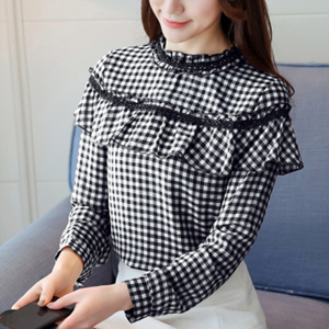 [해외] HOT신상 봄 여성 체크무늬 쉬폰 티셔츠 벌룬소매 캐주얼티셔츠