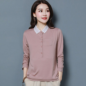 [해외] HOT신상 봄 여성 스탠칼라 티셔츠 배색 캐주얼티셔츠