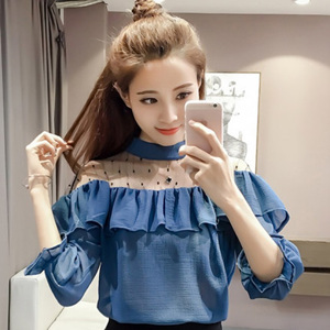 [해외] HOT신상 봄 여성 패션 캐주얼티셔츠 프릴날개 티셔츠 시스루 티셔츠