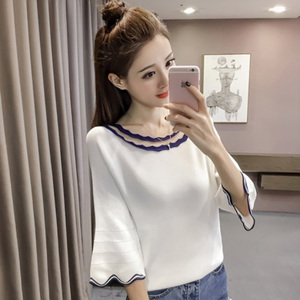 [해외] HOT신상 봄 여성 라운드넥 캐주얼티셔츠 프릴날개 티셔츠 니트 티셔츠