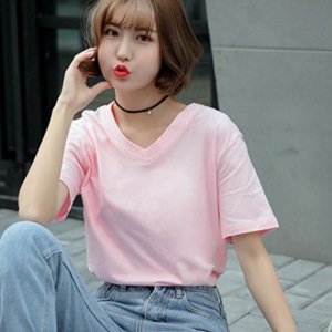 [해외] TOP신상 패션 캐주얼 여성 미니얼 순색 반소매 브이넥 티셔츠