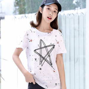 [해외] TOP신상 패션 캐주얼 여성 미니얼 순색 인화 라운드넥 티셔츠
