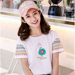 [해외] TOP신상 패션 캐주얼 여성 미니얼 인화 순색 귀여운 라운드넥 티셔츠