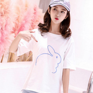[해외] TOP신상 패션 캐주얼 여성 미니얼 순색 토끼 자수 라운드넥 티셔츠