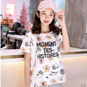 [해외] TOP신상 패션 캐주얼 여성 미니얼 순색 꾳 인화 라운드넥 티셔츠