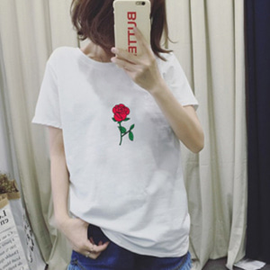 [해외] TOP신상 패션 캐주얼 여성 느슨한 미니얼 인화 라운드넥 반소매 티셔츠