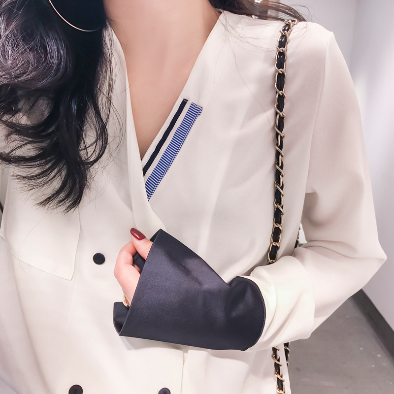 [해외] HOT신상 여성 브이넥 배색 긴소매티셔츠 쉬폰 캐주얼남방