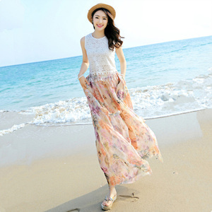 [해외] 여성 여름 기타 꽃무늬 통기타 쉬폰 치마기타 캐주얼