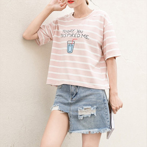[해외] TOP신상 패션 캐주얼 여성 미니얼 느슨한 체크무늬 라운드넥 티셔츠