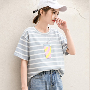 [해외] TOP신상 패션 캐주얼 여성 느슨한 미니얼 라운드넥 체크무늬 티셔츠