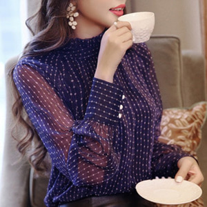 [해외] 2018 봄 여성 신작 칼라 쉬폰 긴팔 요정 기질 셔츠