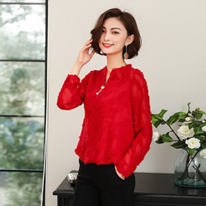 [해외] 봄 모델 여성 2018 새로운 패션 붉은 쉬폰 긴팔 셔츠