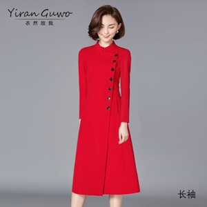 [해외] 2018 사선 검은단추 장식 빨간색 드레스