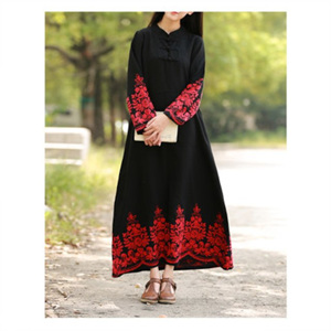 [해외] 2018 복고풍 스타일 검은 치마 원피스 빨간 꽃무늬 드레스