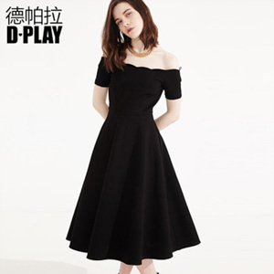 [해외] DPLAY 빈티지 웨이브 칼라 노출어깨 긴 검은 드레스 스커트