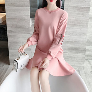 [해외] 2018 여성의 봄 드레스 얇은 긴팔 세련된 핑크 스커트