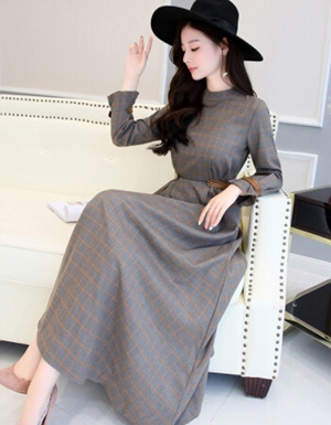 [해외] 복고풍 숙녀 기질은 얇은 긴 소매 격자 무늬 드레스