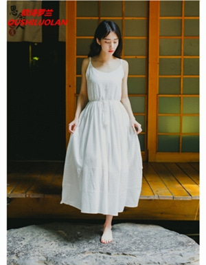 [해외] 자수 문학 신선한 느슨한 허리 하얀 목화 하네스 드레스