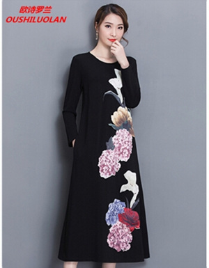 [해외] 봄 프린팅 우아한 자수 꽃 유형 얇은 긴 소매 드레스