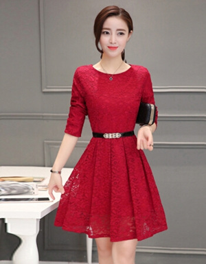 [해외] 여성 라운드 넥 슬림 긴 소매 레이스 드레스