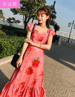 [해외] 2018년 해변 휴가 여름 섹시한 끈이 칼라 프린팅 드레스