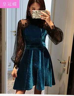 [해외] 섹시한 드레스 랜턴 소매 벨벳 드레스 레이스