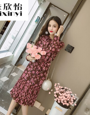 [해외] 2018년 봄 활 넥타이 꽃 압력의 긴 섹션은 주름 드레스 스커트