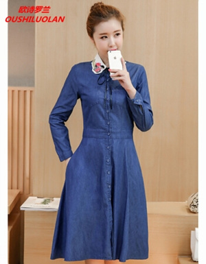 [해외] 여성 긴 소매 슬림 유럽 패션 자수 칼라 데님 드레스
