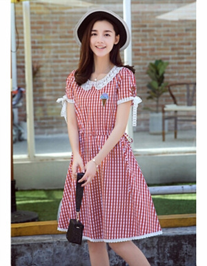 [해외] 여성 슬림 작은 신선한 격자 무늬 반소매 드레스