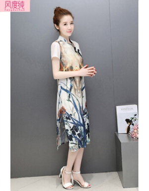 [해외] 복고풍 잉크 프린팅 치파오 드레스 베이지 색의 단어 스커트