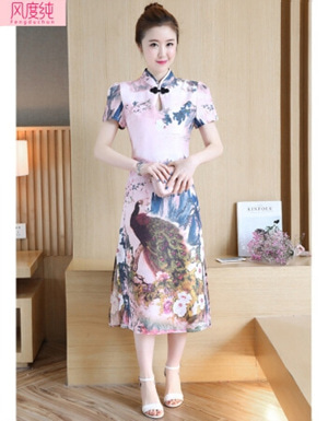 [해외] 여름 짧은 소매 프린팅 칼라 슬릿 치파오 드레스 단어 스커트