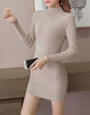 [해외] 솔리드 컬러 긴 스웨터 풀오버 드레스
