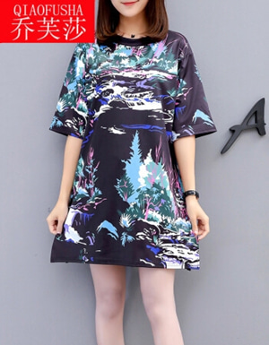 [해외] Fusuo 여성 드레스 짧은 소매 와 긴 느슨한 T 셔츠 컬러 프린팅