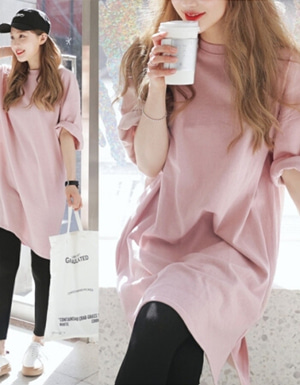 [해외] 빅사이즈 여성의 T 셔츠 반소매 긴 섹션 셔츠 핑크 드레스
