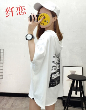 [해외] 신선한 여름 여성 학생의 후드 긴 섹션 짧은 소매 셔츠 센 여성 라인 느슨한 t 셔츠 드레스
