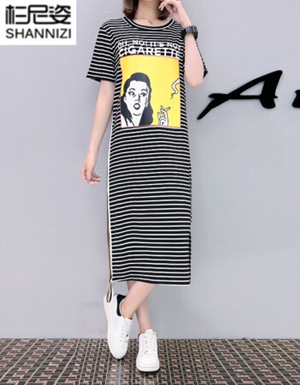 [해외] 2018년 여름 반소매 T 셔츠 프린팅여성 줄무늬 드레스