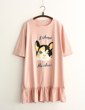 [해외] 느슨한 반소매 T 셔츠 핑크 드레스